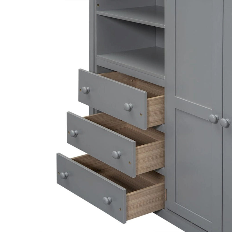 Wood Full Size Loft Bed with Built-in Wardrobe, Desk, Storage Shelves and Drawers