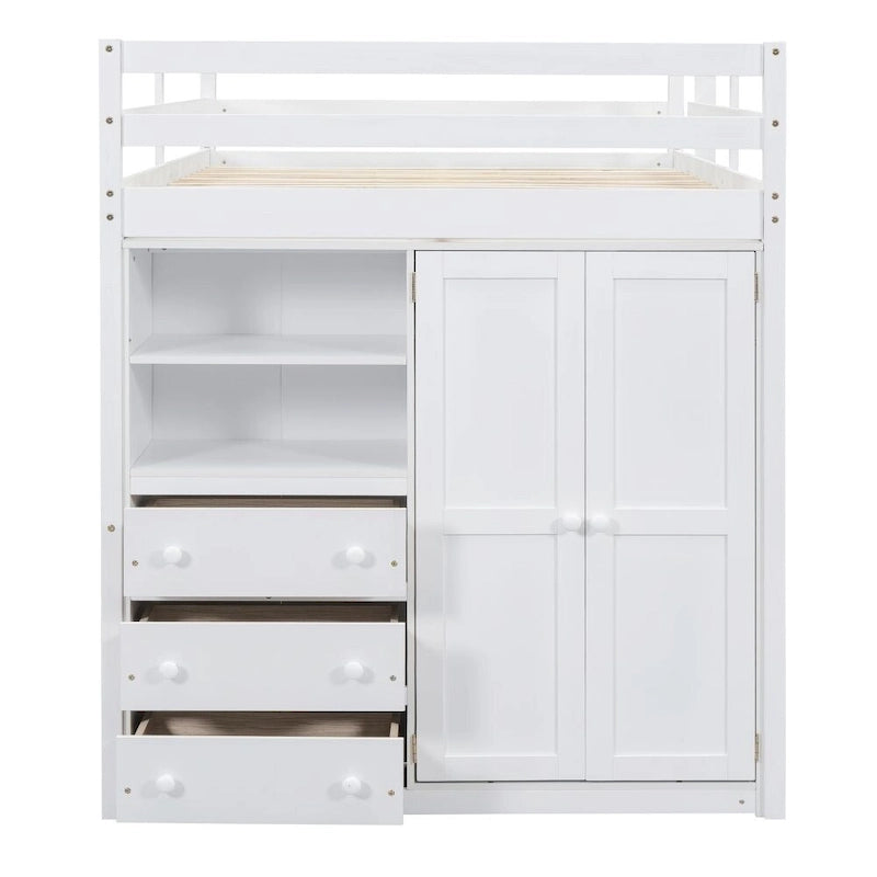 Wood Full Size Loft Bed with Built-in Wardrobe, Desk, Storage Shelves and Drawers