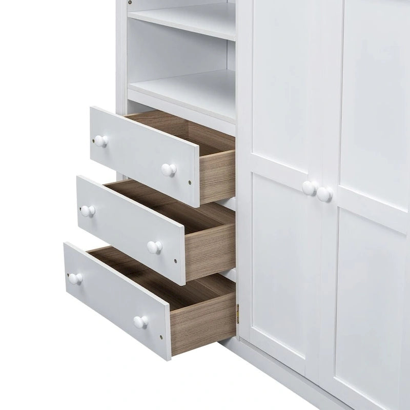 Wood Full Size Loft Bed with Built-in Wardrobe, Desk, Storage Shelves and Drawers