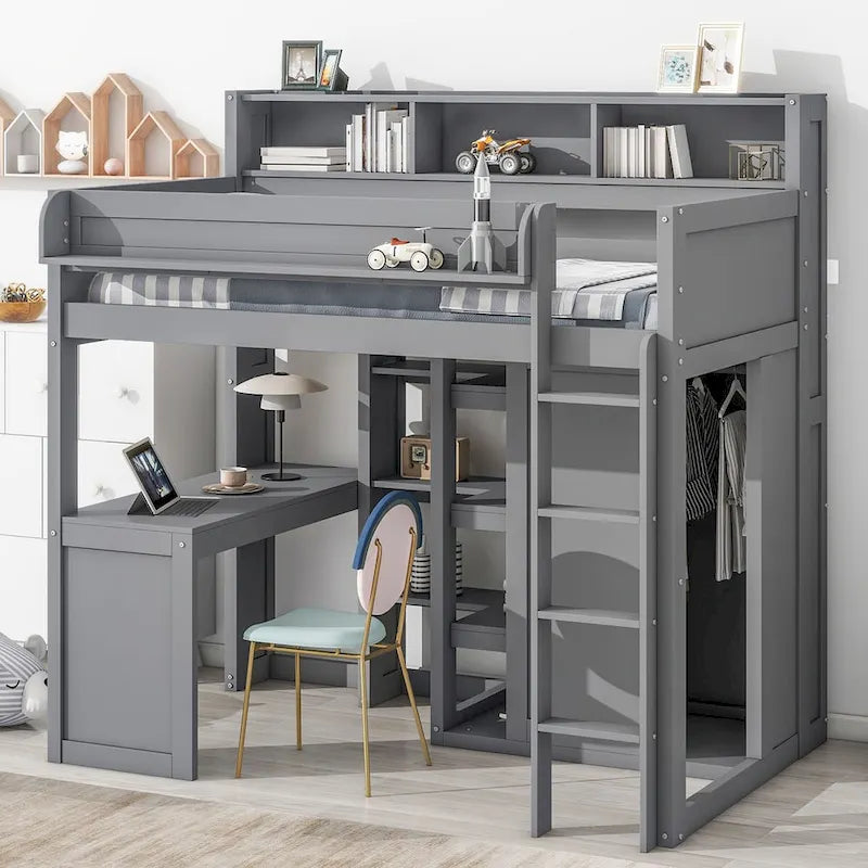 Wood Twin Size Loft Bed with Multiple Storage Shelves and Wardrobe