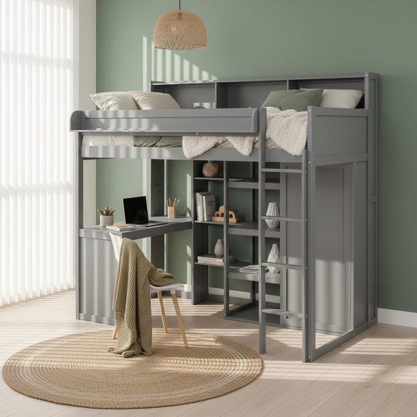 Lit mezzanine simple en bois avec étagères de rangement multiples et armoire