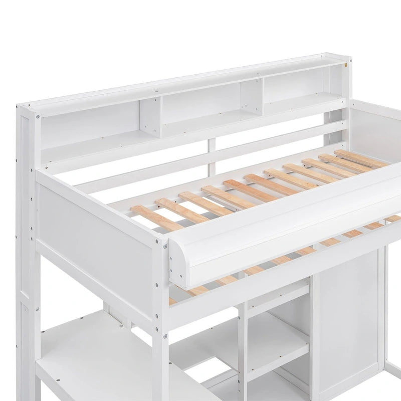 Wood Twin Size Loft Bed with Multiple Storage Shelves and Wardrobe