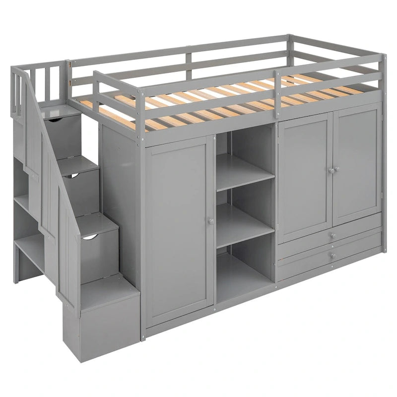 Twin Size Loft Bed with Built-in Shelves and Drawers