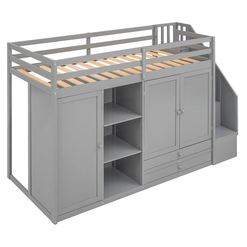 Twin Size Loft Bed with Built-in Shelves and Drawers