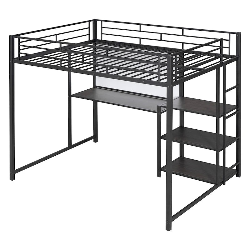 Black Metal Loft Bed with Desk, Whiteboard, and 3 Shelves, Includes Ladder