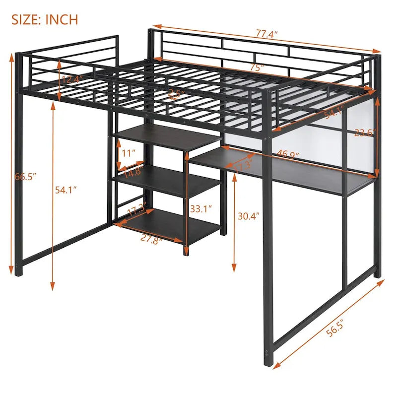 Black Metal Loft Bed with Desk, Whiteboard, and 3 Shelves, Includes Ladder