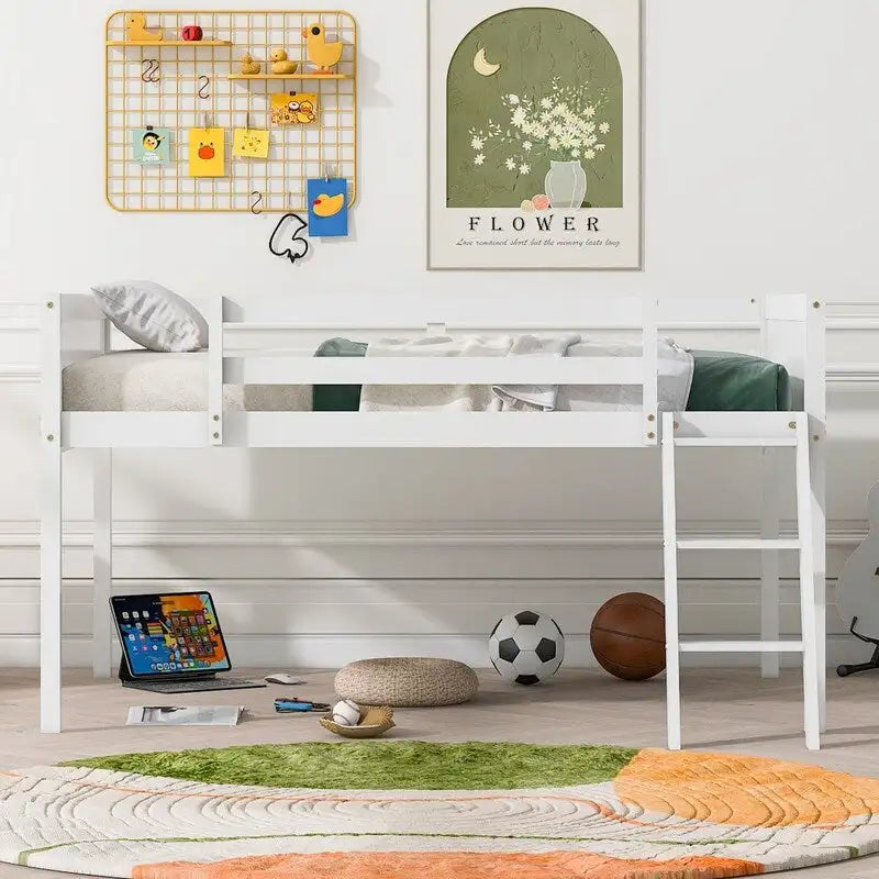 Full Size Wood Low Loft Bed with Ladder
