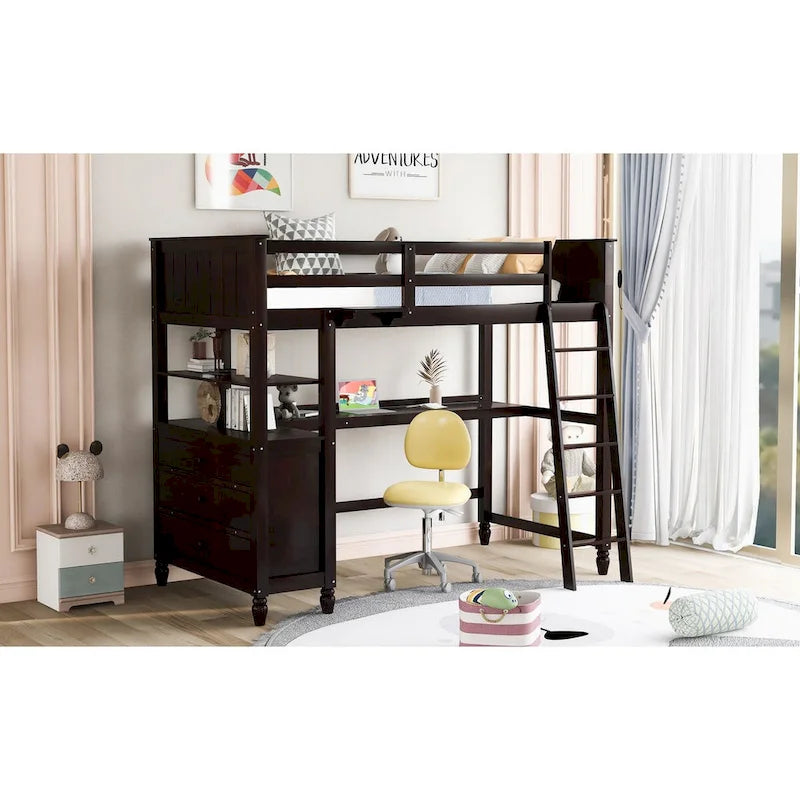 Solid Wood Twin Size Loft Bed with Drawers, Desk, and Shelves - Space-Saving Wooden Loft Bed - White/Grey/Black