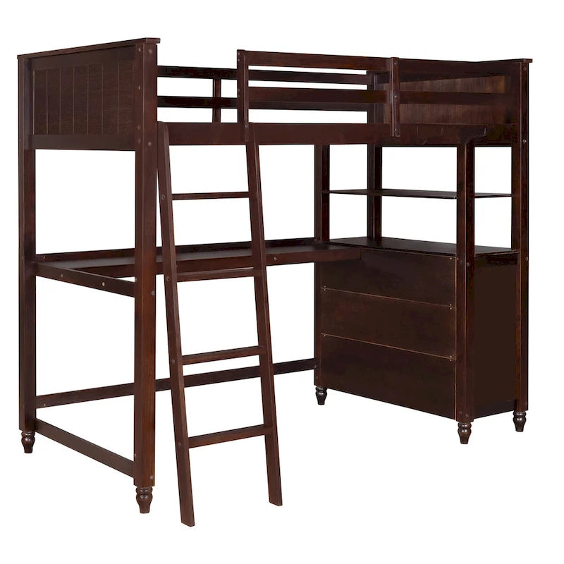 Solid Wood Twin Size Loft Bed with Drawers, Desk, and Shelves - Space-Saving Wooden Loft Bed - White/Grey/Black