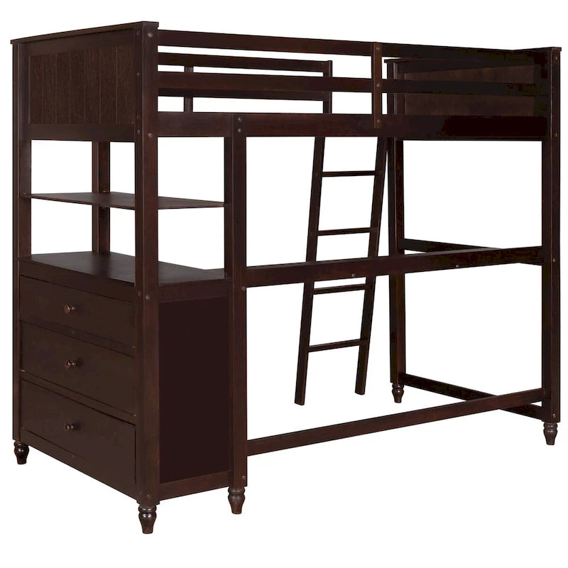 Solid Wood Twin Size Loft Bed with Drawers, Desk, and Shelves - Space-Saving Wooden Loft Bed - White/Grey/Black