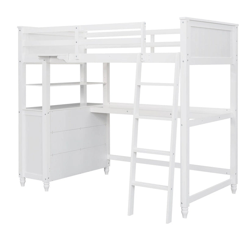 Solid Wood Twin Size Loft Bed with Drawers, Desk, and Shelves - Space-Saving Wooden Loft Bed - White/Grey/Black