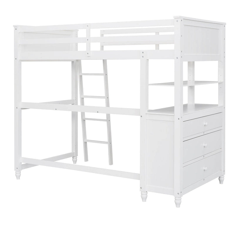 Solid Wood Twin Size Loft Bed with Drawers, Desk, and Shelves - Space-Saving Wooden Loft Bed - White/Grey/Black