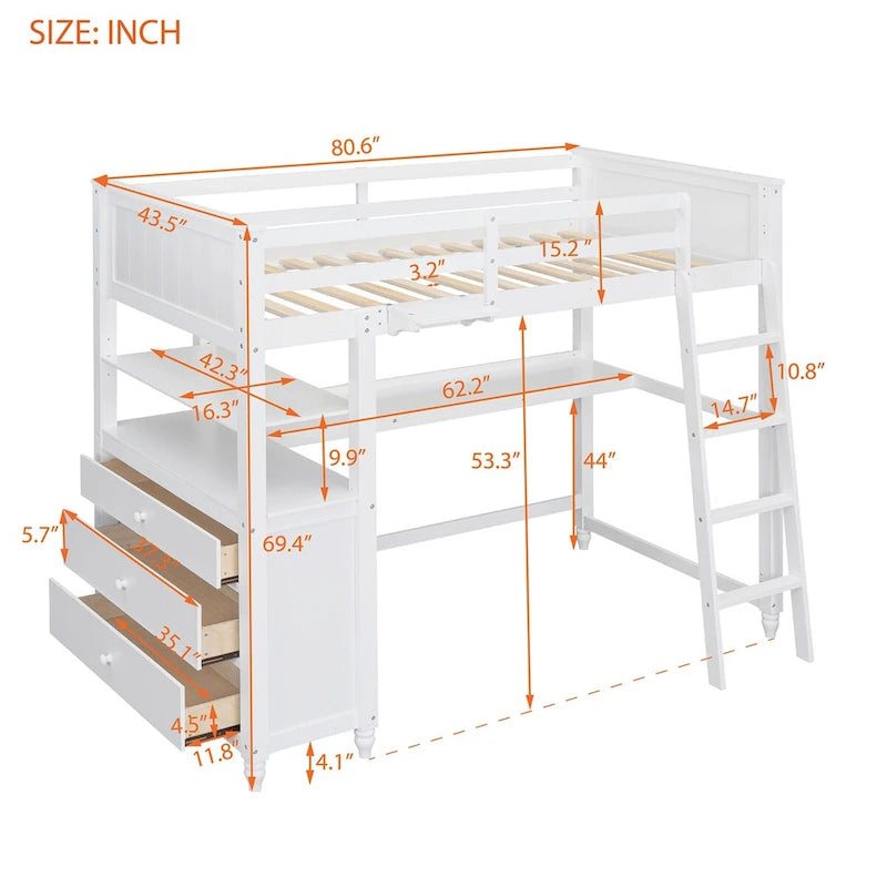 Solid Wood Twin Size Loft Bed with Drawers, Desk, and Shelves - Space-Saving Wooden Loft Bed - White/Grey/Black
