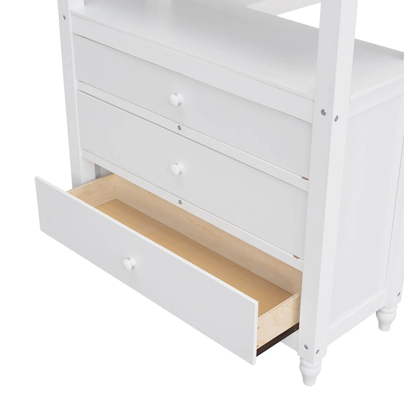 Solid Wood Twin Size Loft Bed with Drawers, Desk, and Shelves - Space-Saving Wooden Loft Bed - White/Grey/Black