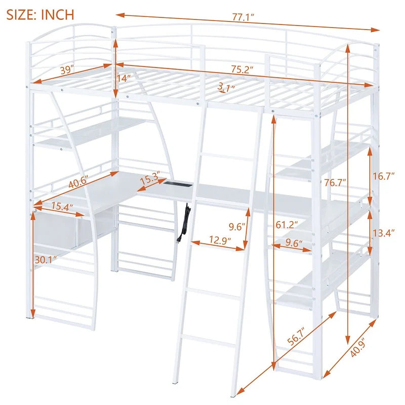 White Metal Loft Bed with 4 Layers of Shelves, L-Shaped Desk, Sockets, USB Ports, Wireless Charging