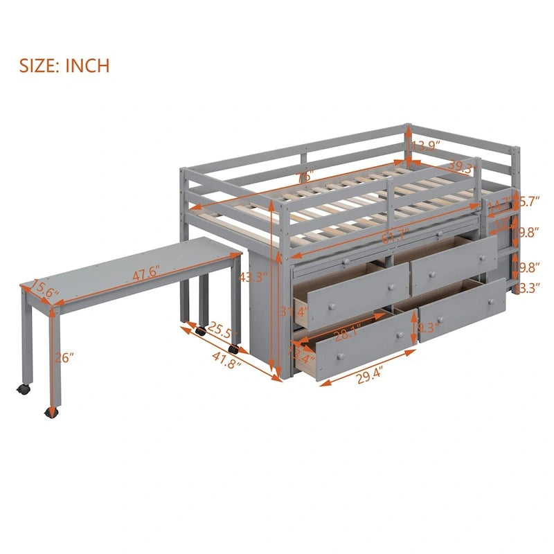 Twin Size Wood Loft Bed with Retractable Writing Desk and 4 Drawers