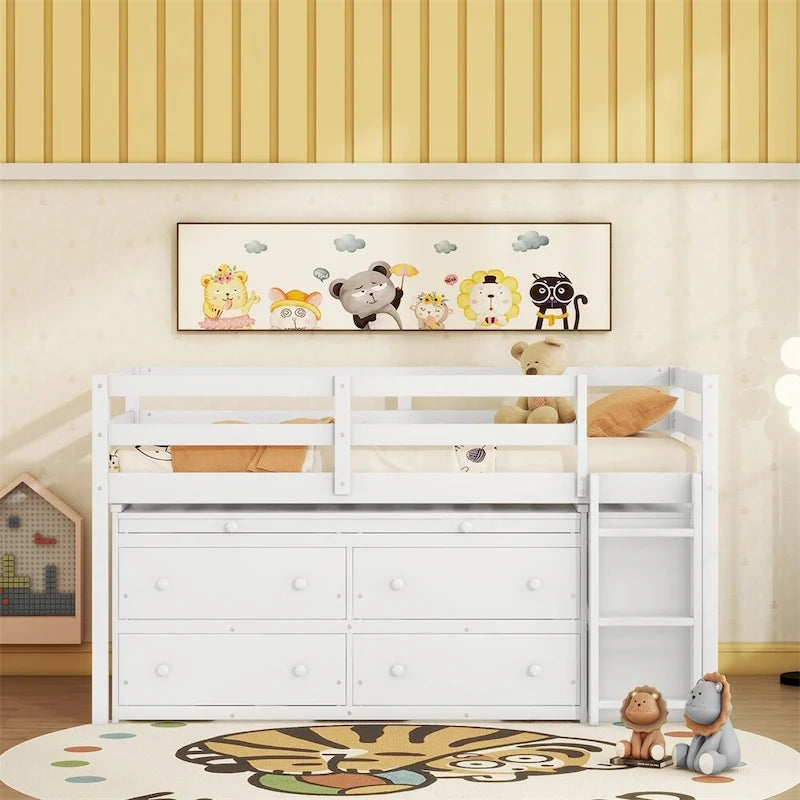 Twin Size Wood Loft Bed with Retractable Writing Desk and 4 Drawers