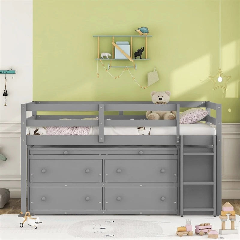 Twin Size Wood Loft Bed with Retractable Writing Desk and 4 Drawers
