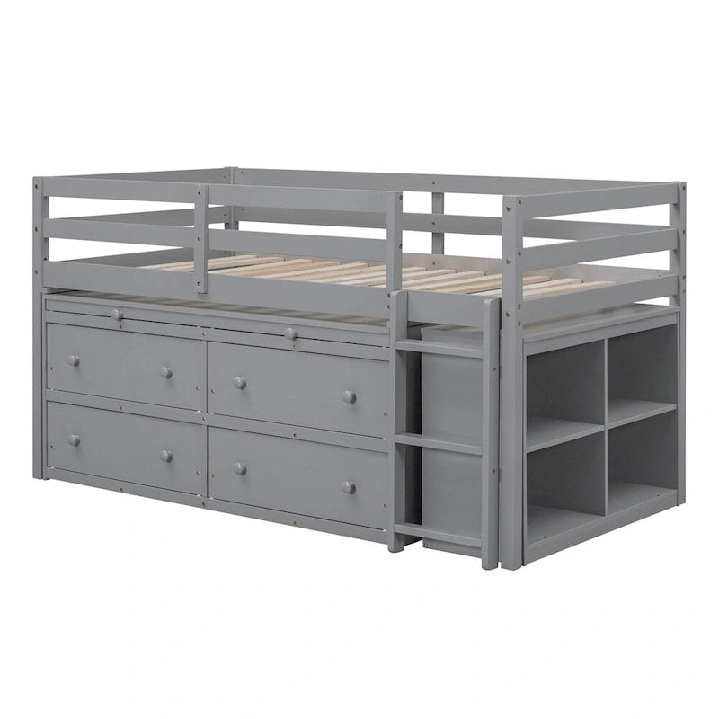 Twin Size Wood Loft Bed with Retractable Writing Desk and 4 Drawers