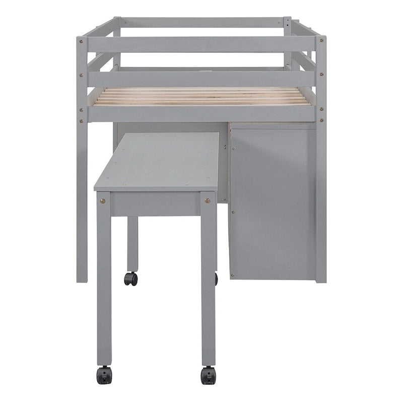 Twin Size Wood Loft Bed with Retractable Writing Desk and 4 Drawers