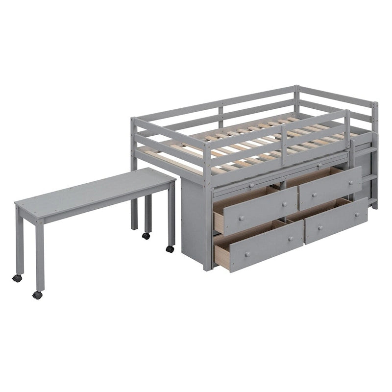 Twin Size Wood Loft Bed with Retractable Writing Desk and 4 Drawers