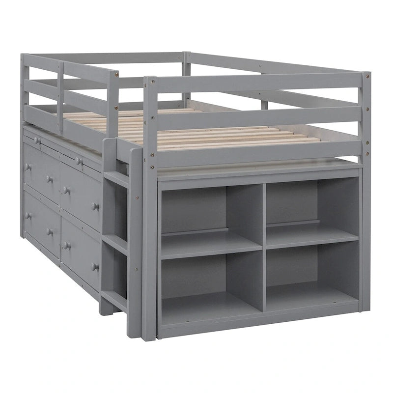 Twin Size Wood Loft Bed with Retractable Writing Desk and 4 Drawers