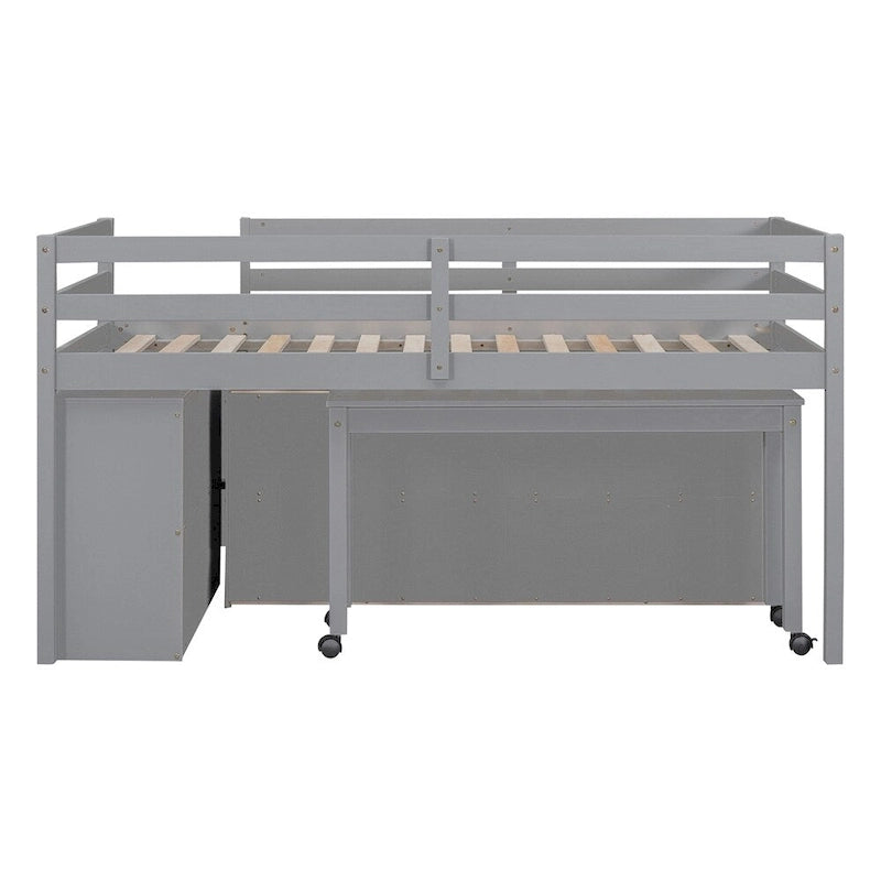 Twin Size Wood Loft Bed with Retractable Writing Desk and 4 Drawers
