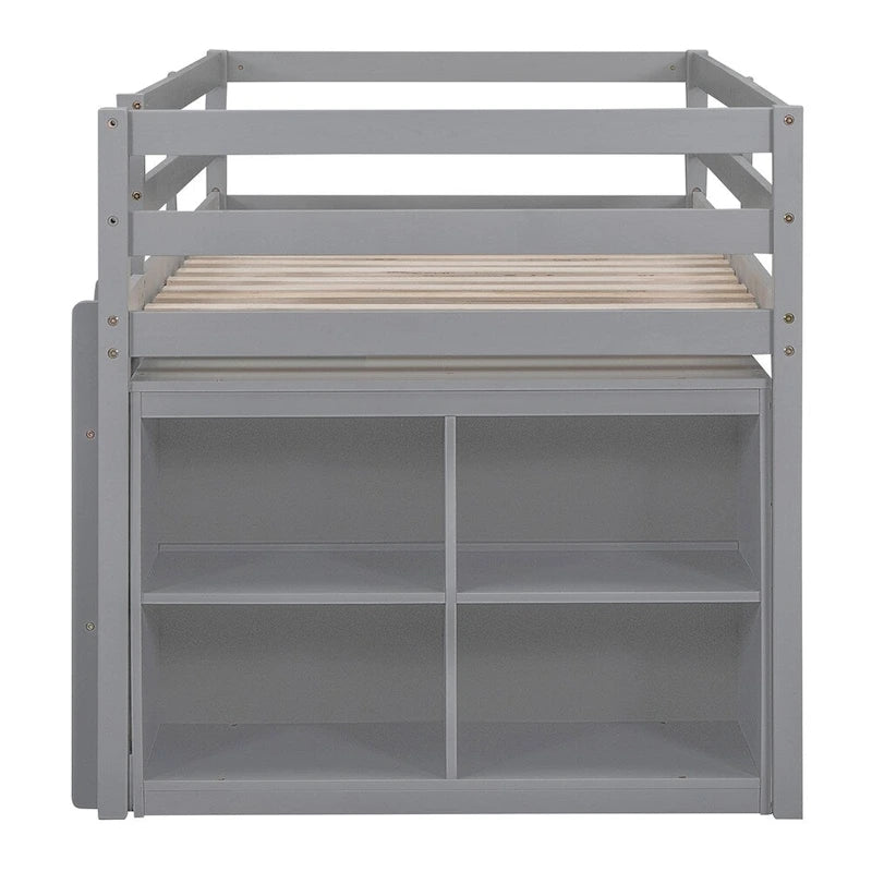 Twin Size Wood Loft Bed with Retractable Writing Desk and 4 Drawers