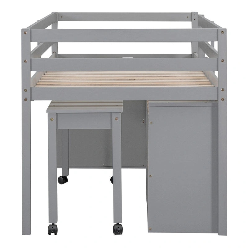 Twin Size Wood Loft Bed with Retractable Writing Desk and 4 Drawers
