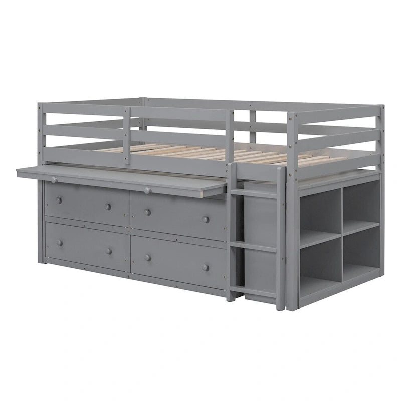 Twin Size Wood Loft Bed with Retractable Writing Desk and 4 Drawers