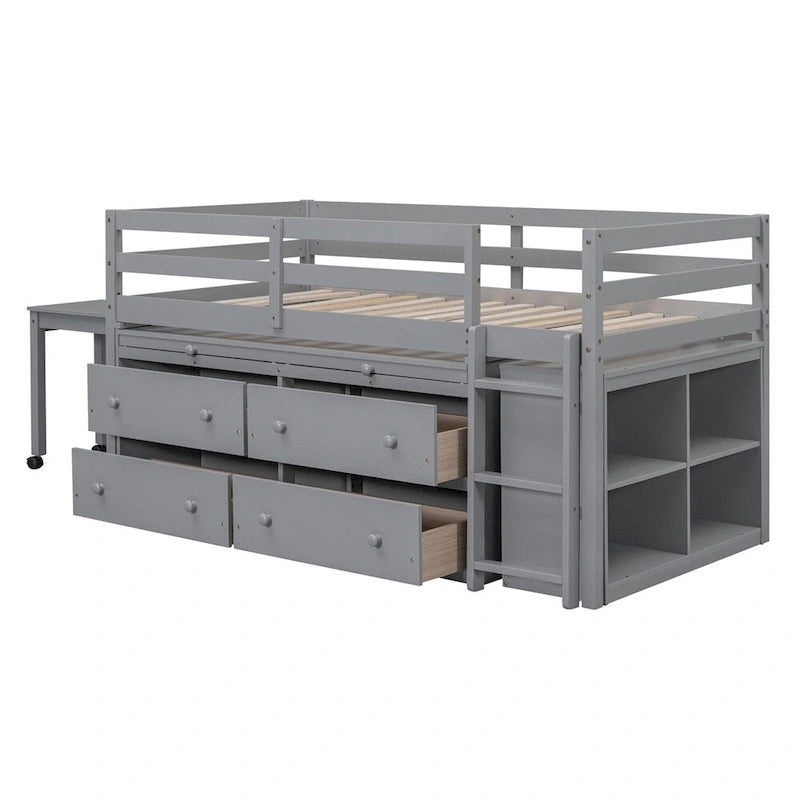 Twin Size Wood Loft Bed with Retractable Writing Desk and 4 Drawers