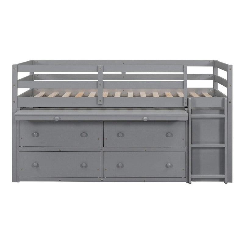 Twin Size Wood Loft Bed with Retractable Writing Desk and 4 Drawers