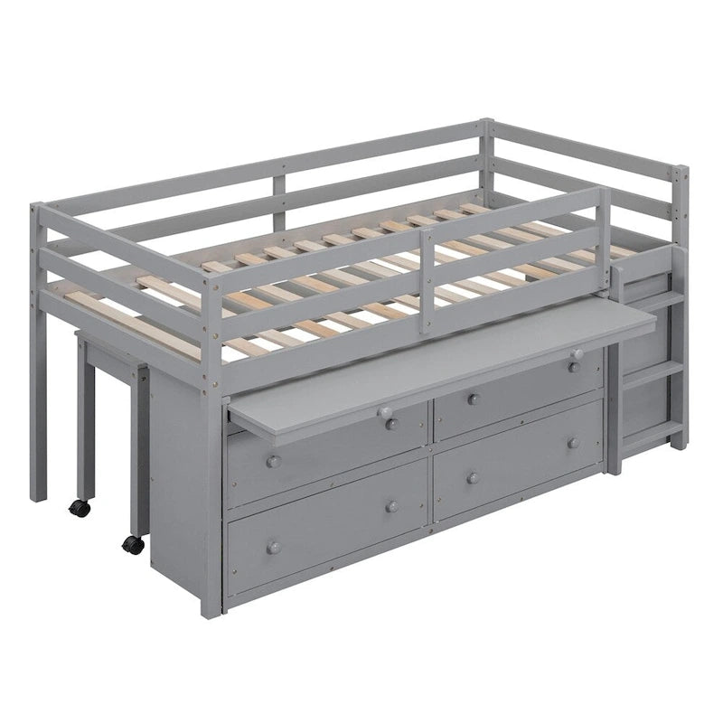 Twin Size Wood Loft Bed with Retractable Writing Desk and 4 Drawers