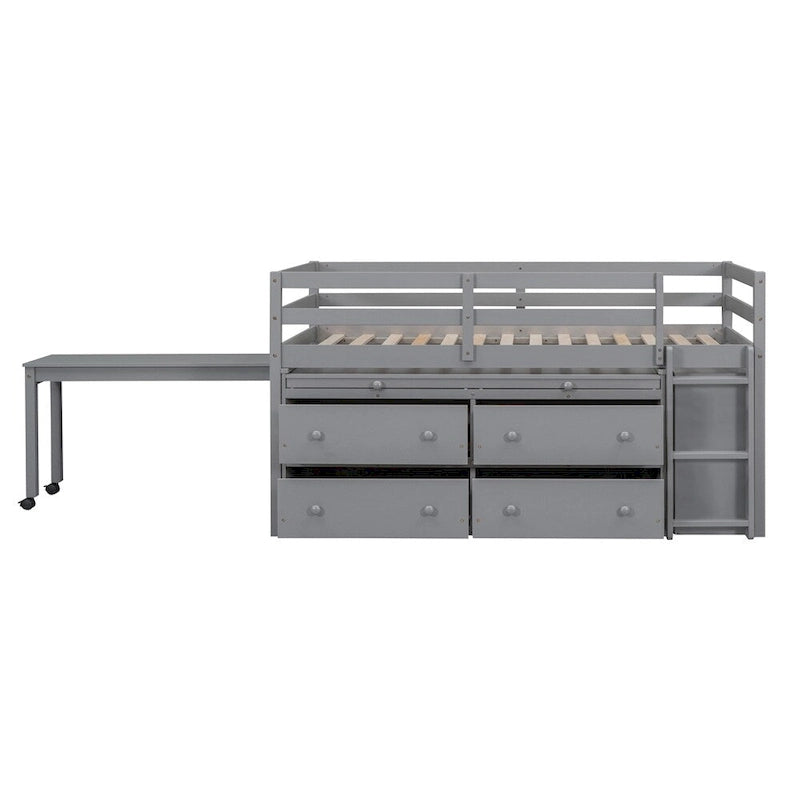 Twin Size Wood Loft Bed with Retractable Writing Desk and 4 Drawers