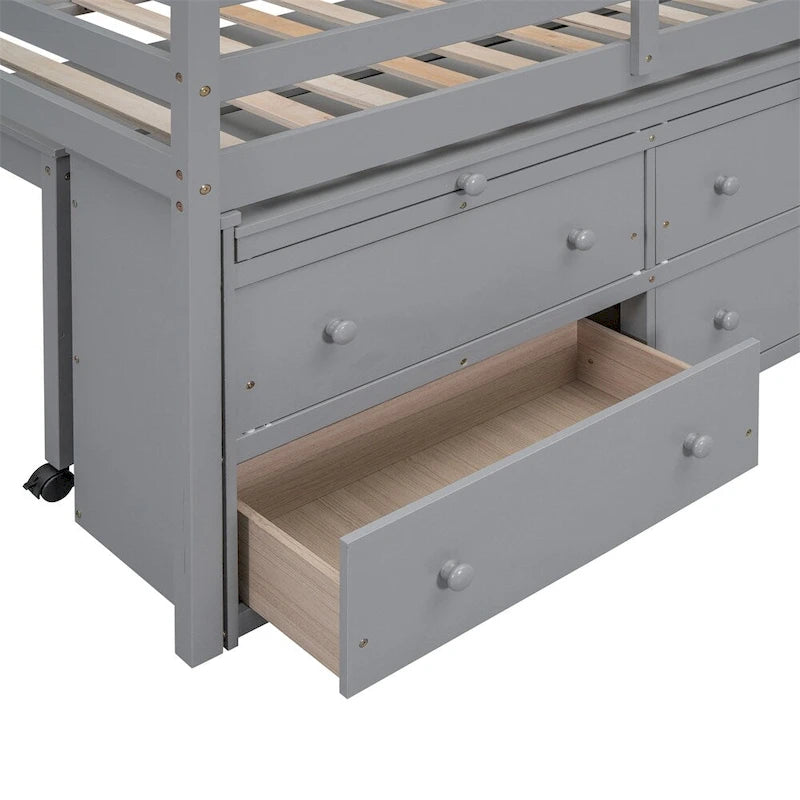 Twin Size Wood Loft Bed with Retractable Writing Desk and 4 Drawers
