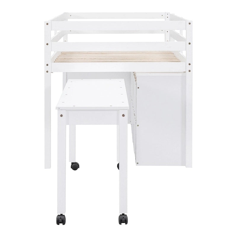 Twin Size Wood Loft Bed with Retractable Writing Desk and 4 Drawers