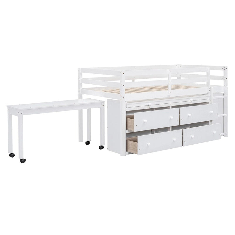 Twin Size Wood Loft Bed with Retractable Writing Desk and 4 Drawers