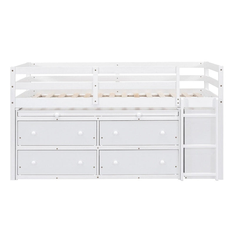Twin Size Wood Loft Bed with Retractable Writing Desk and 4 Drawers