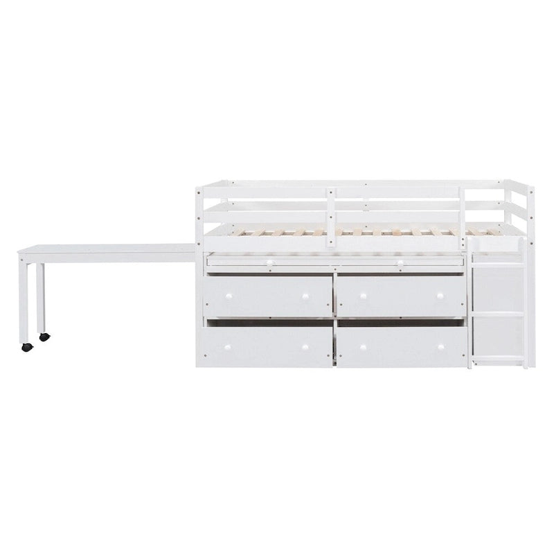 Twin Size Wood Loft Bed with Retractable Writing Desk and 4 Drawers
