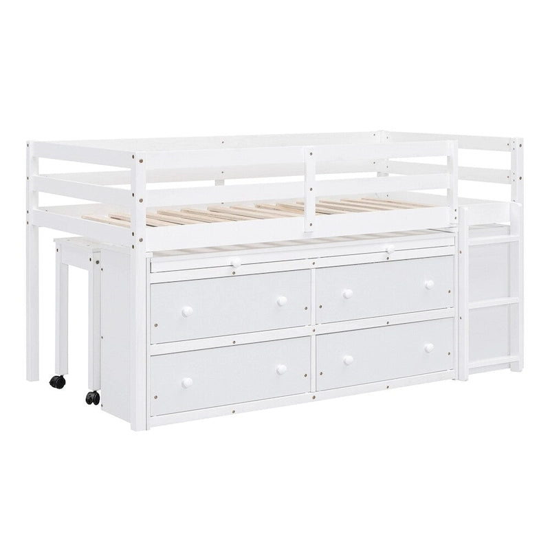 Twin Size Wood Loft Bed with Retractable Writing Desk and 4 Drawers