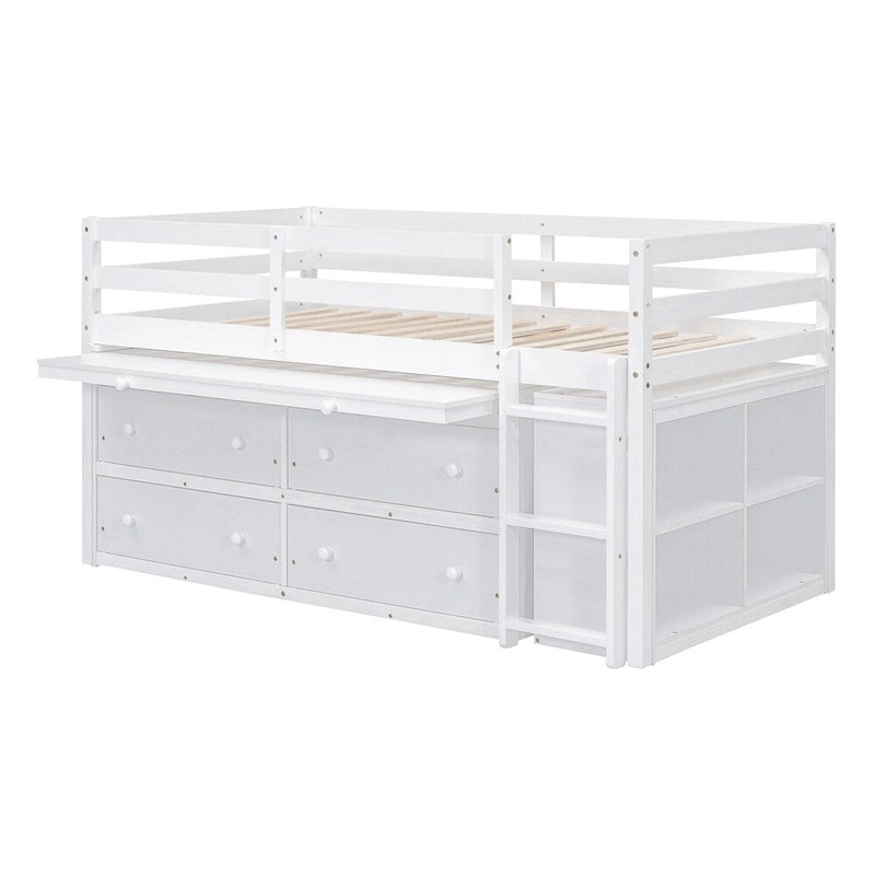 Twin Size Wood Loft Bed with Retractable Writing Desk and 4 Drawers