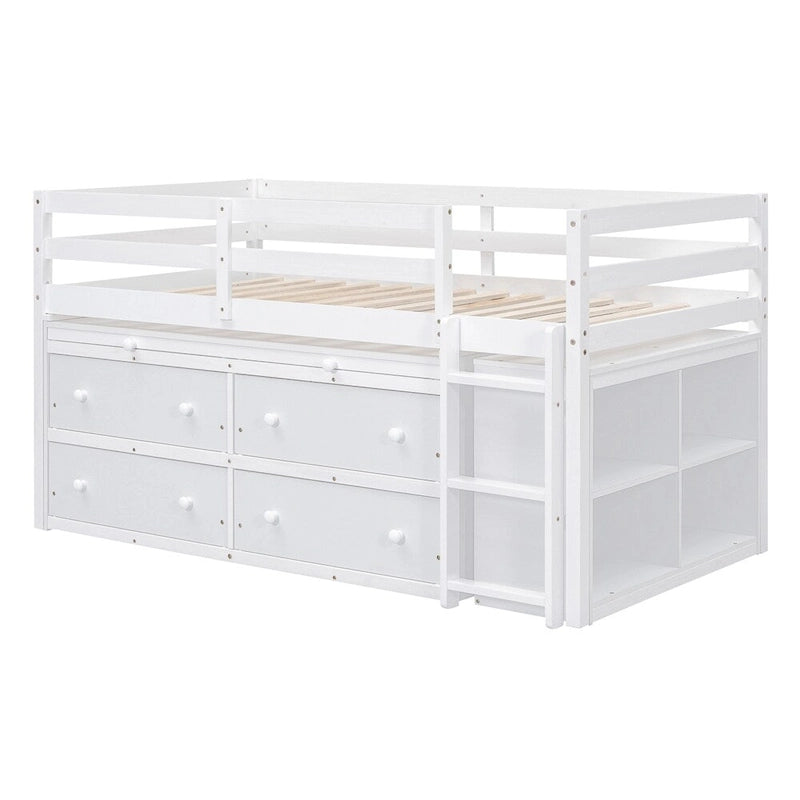 Twin Size Wood Loft Bed with Retractable Writing Desk and 4 Drawers