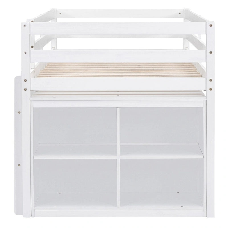 Twin Size Wood Loft Bed with Retractable Writing Desk and 4 Drawers