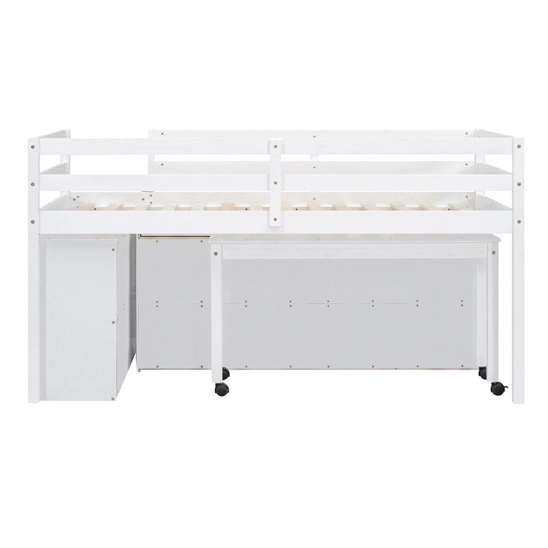 Twin Size Wood Loft Bed with Retractable Writing Desk and 4 Drawers