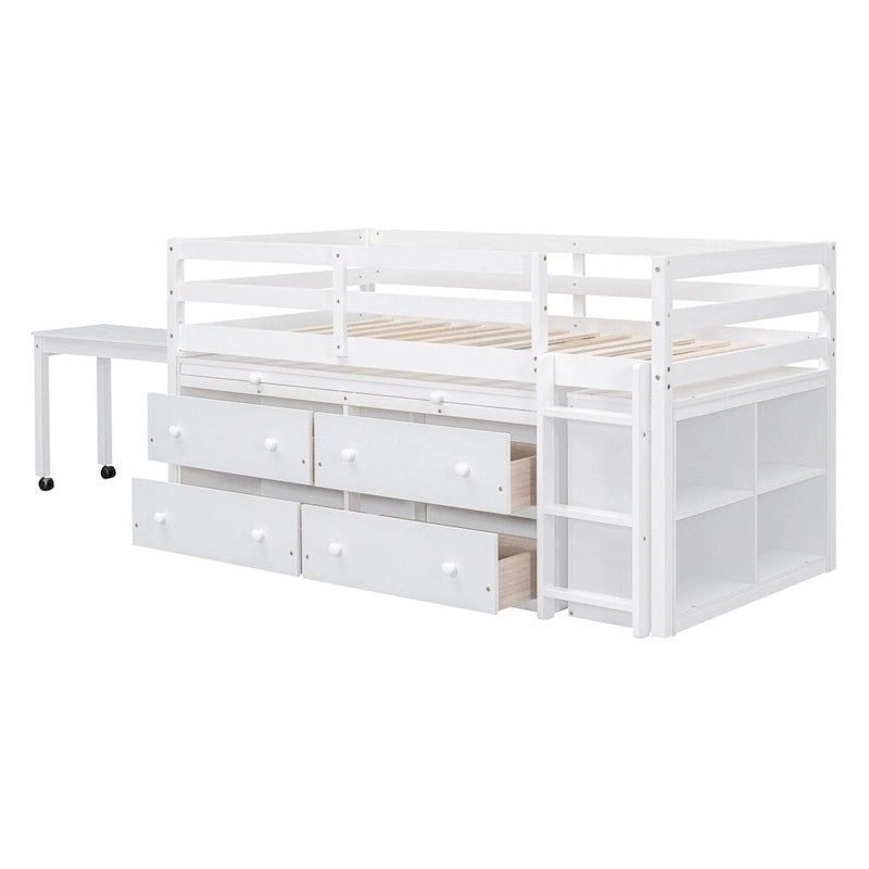Twin Size Wood Loft Bed with Retractable Writing Desk and 4 Drawers