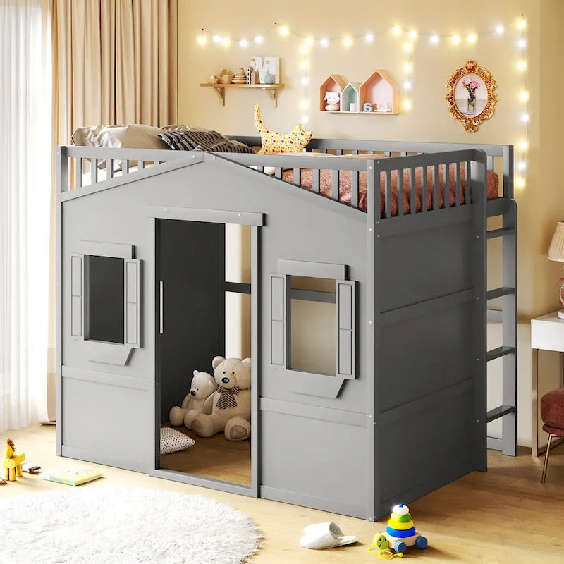 Solid Wood Full Size House Loft Bed with Ladder and Underbed Gaming Space