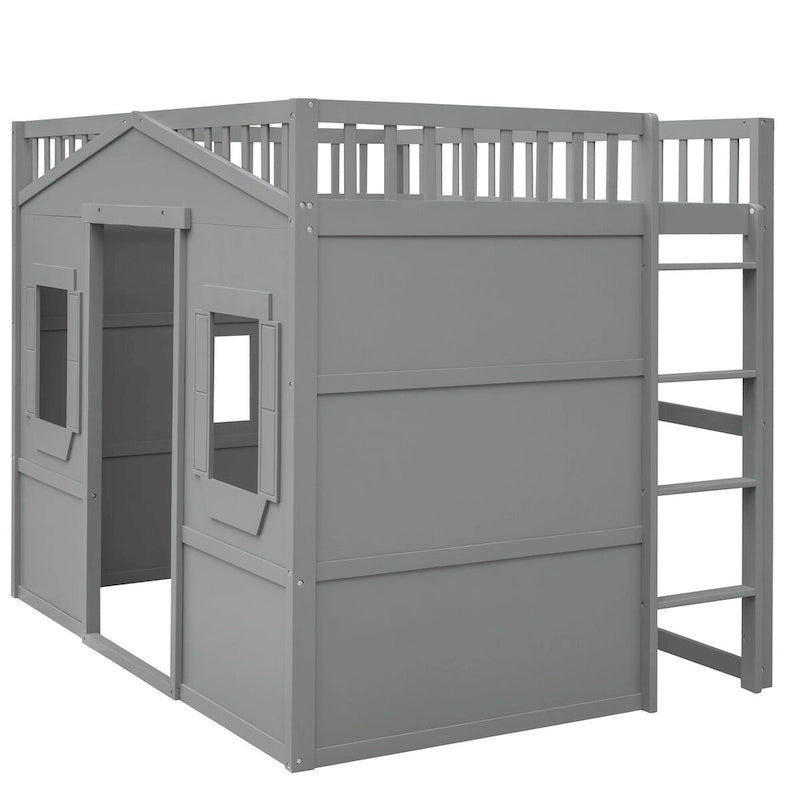 Solid Wood Full Size House Loft Bed with Ladder and Underbed Gaming Space