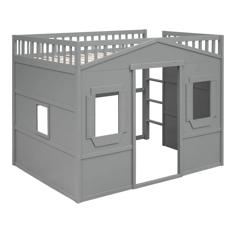 Solid Wood Full Size House Loft Bed with Ladder and Underbed Gaming Space