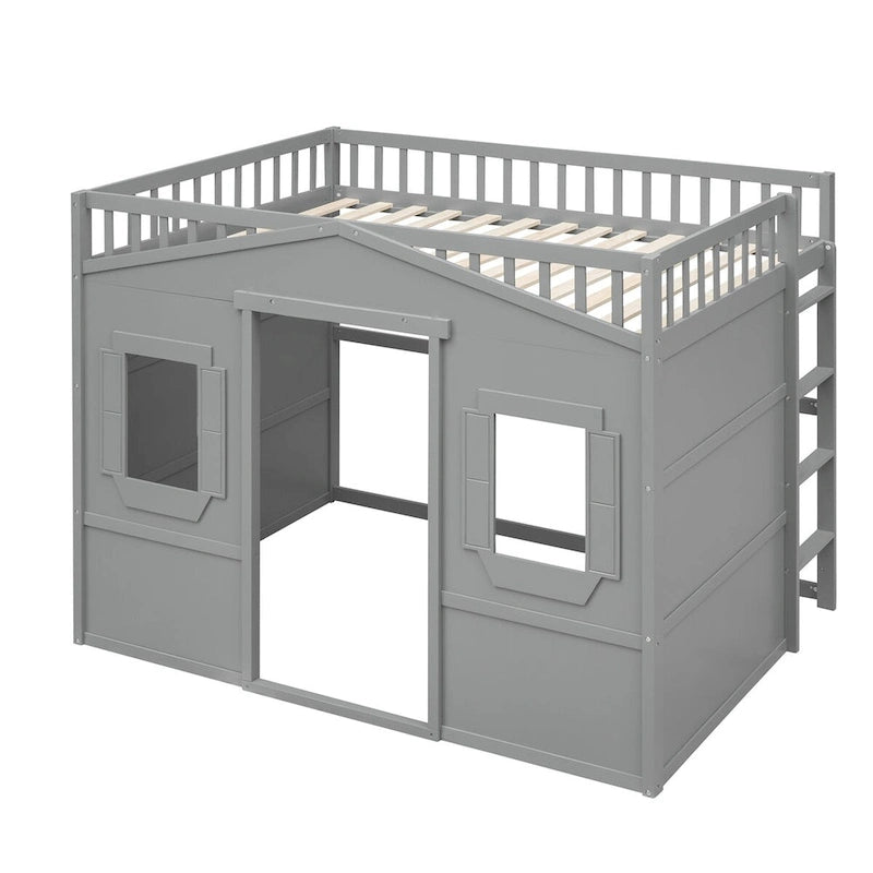 Solid Wood Full Size House Loft Bed with Ladder and Underbed Gaming Space