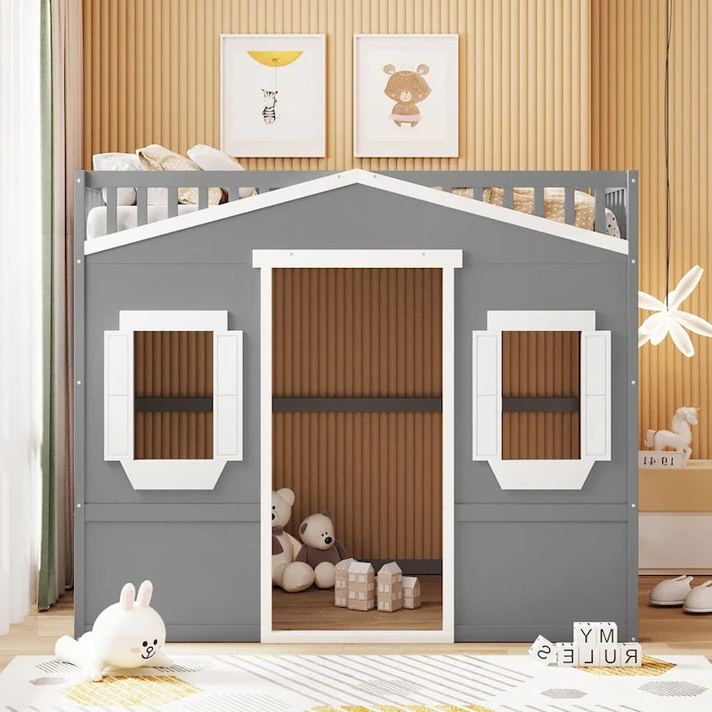 Solid Wood Full Size House Loft Bed with Ladder and Underbed Gaming Space